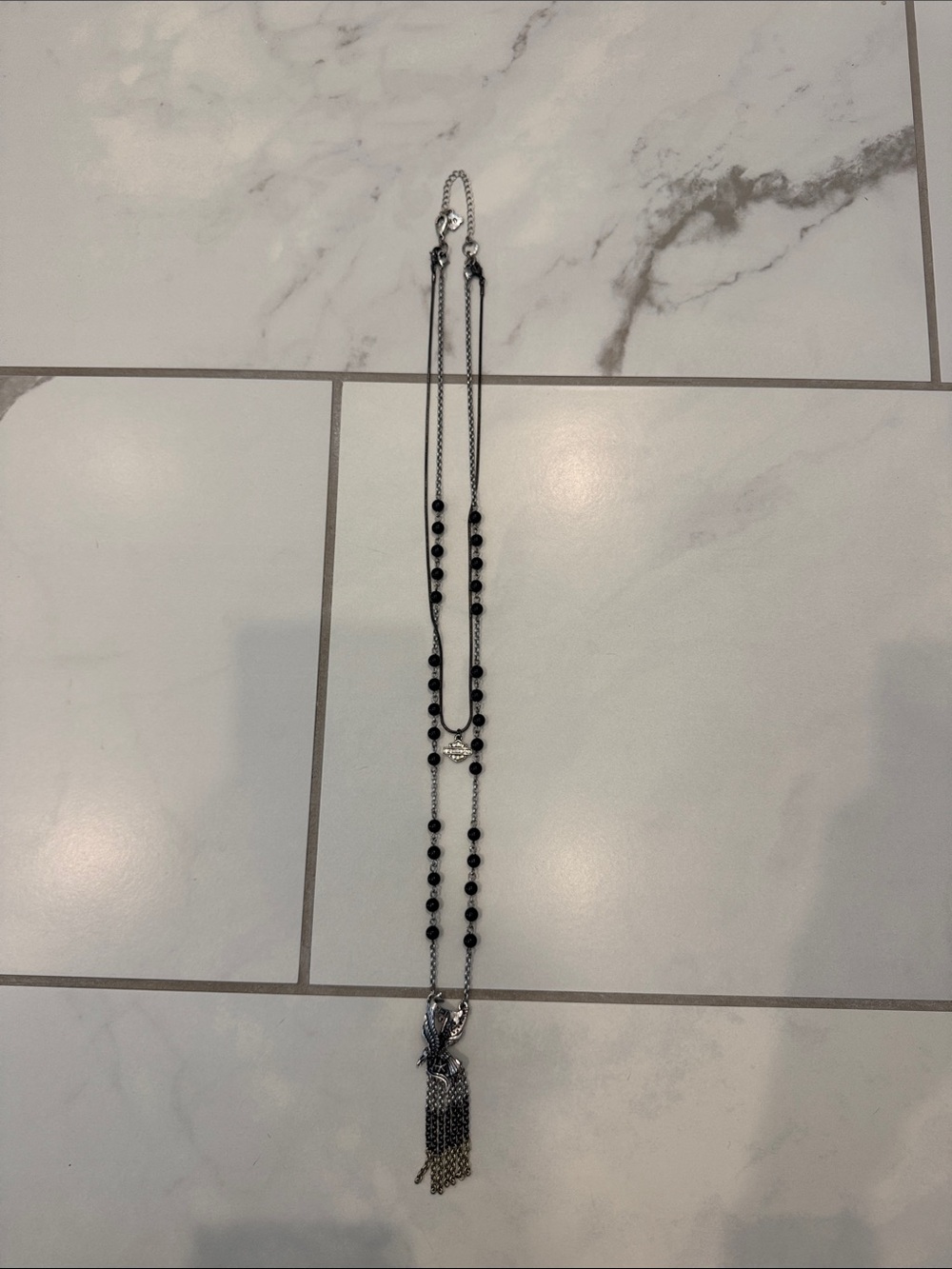 Harley-Davidson Long Black Bead Tassel Necklace 3-1 necklace